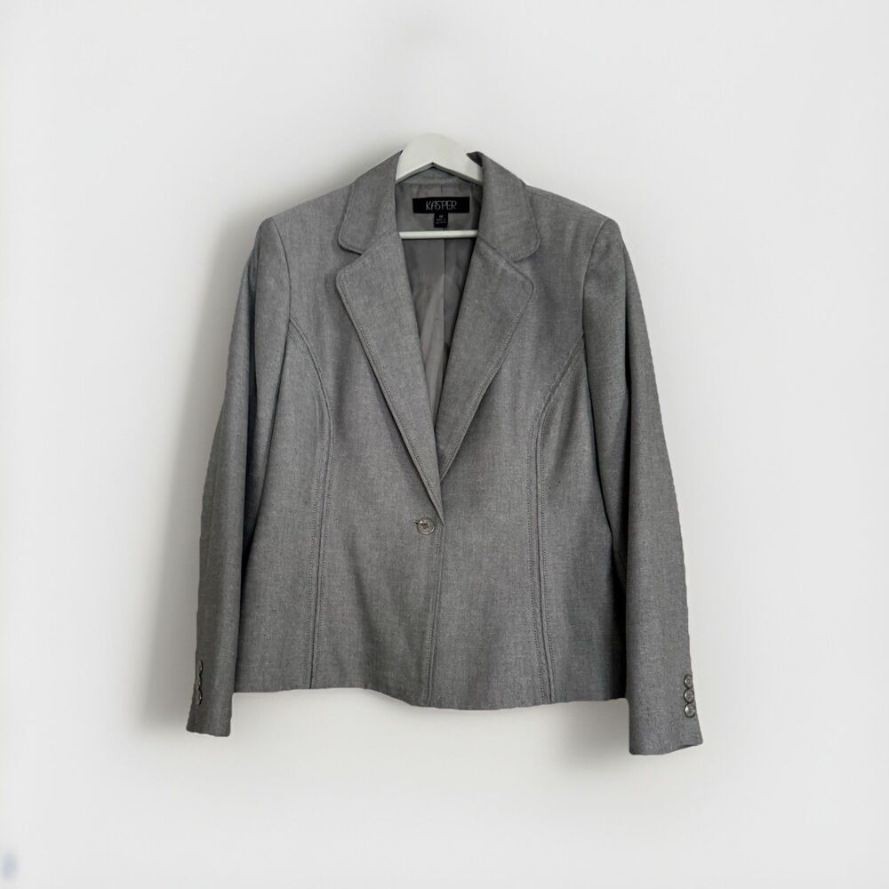 Kasper Women’s Blazer Jacket Gray Size 16 Tailored Fit One Button Careerwear